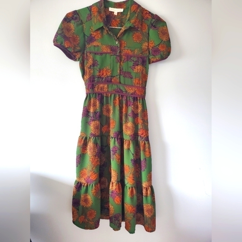 Monteau autumn  green flowered dress size xs - Picture 5 of 11